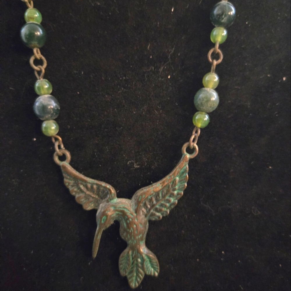 Patina Hummingbird Pendant Necklace with Green Beads
